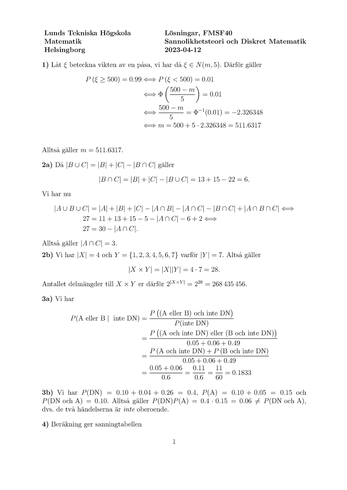 Solution Sannolikhetsteori Och Diskret Matematik FMSF40 2023 04 12 ...