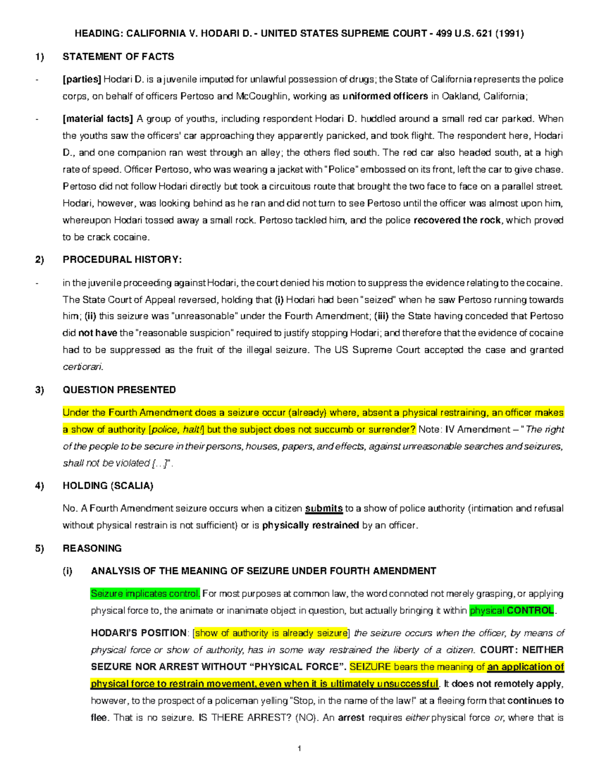 Hodari V California Case Brief Criminal Procedure 1 Heading