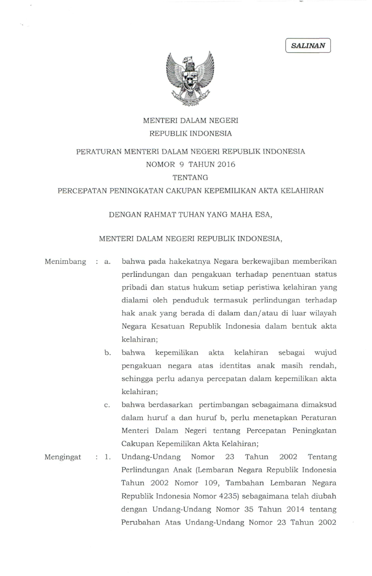 Permendagri 9 Th 2016 - SALINAN MENTERI DALAM NEGERI REPUBLIK INDONESIA ...