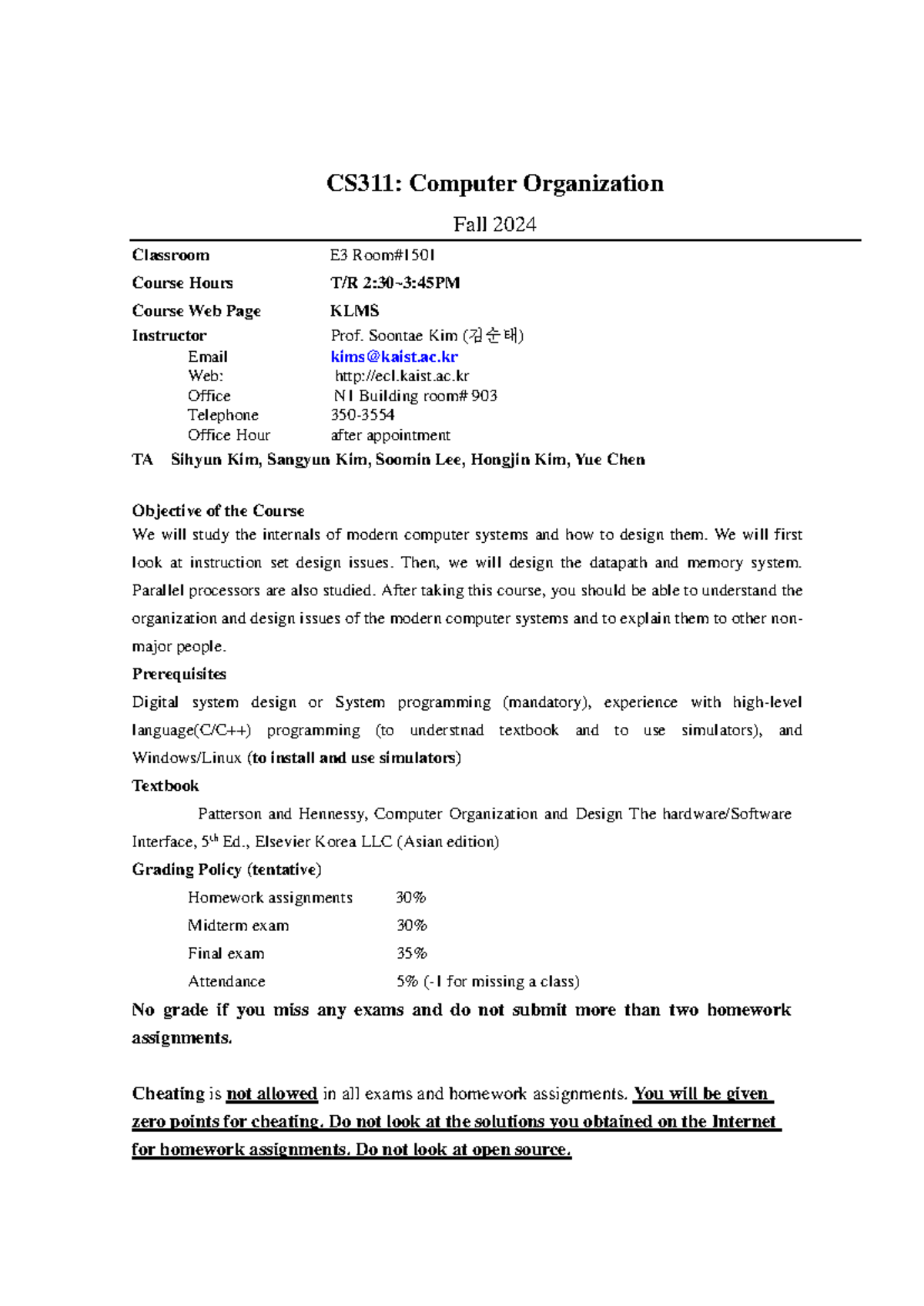 CS311-syllabus-fall2024 - CS311: Computer Organization Fall 20 24 ...