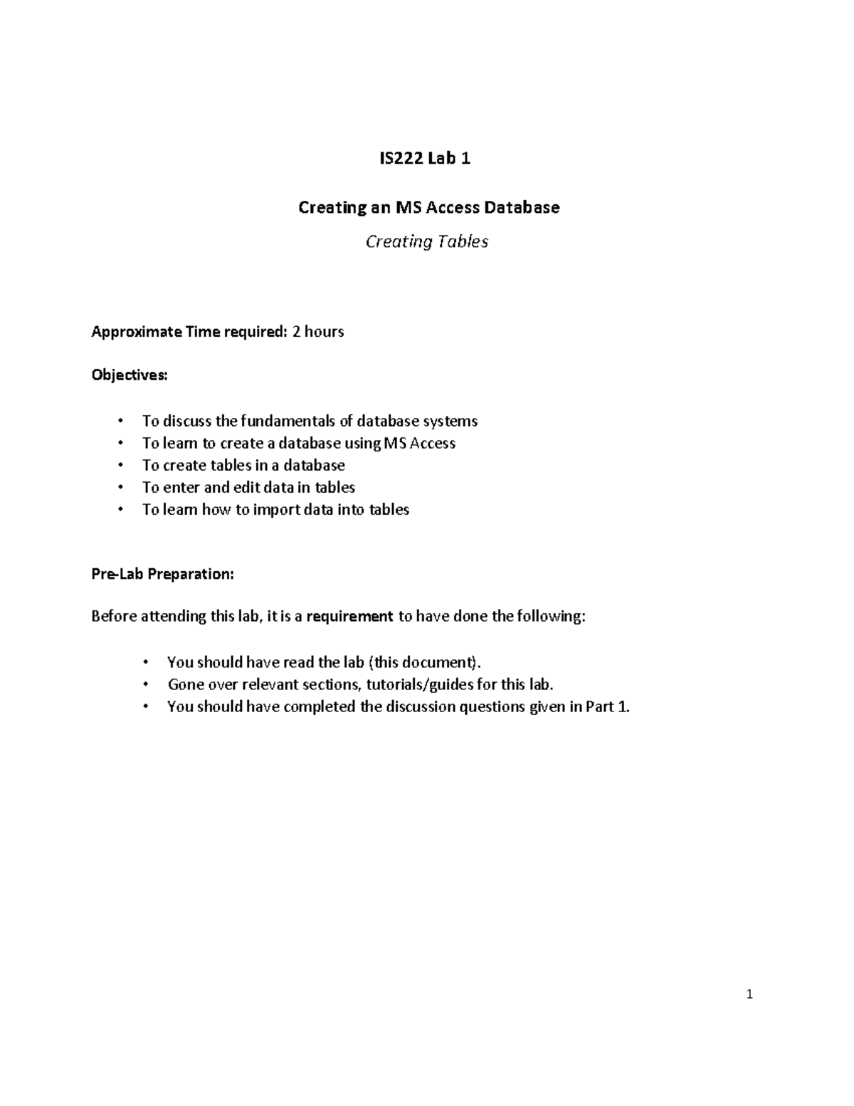 Lab 1 - lab week 1 - IS222 Lab 1 Creating an MS Access Database ...