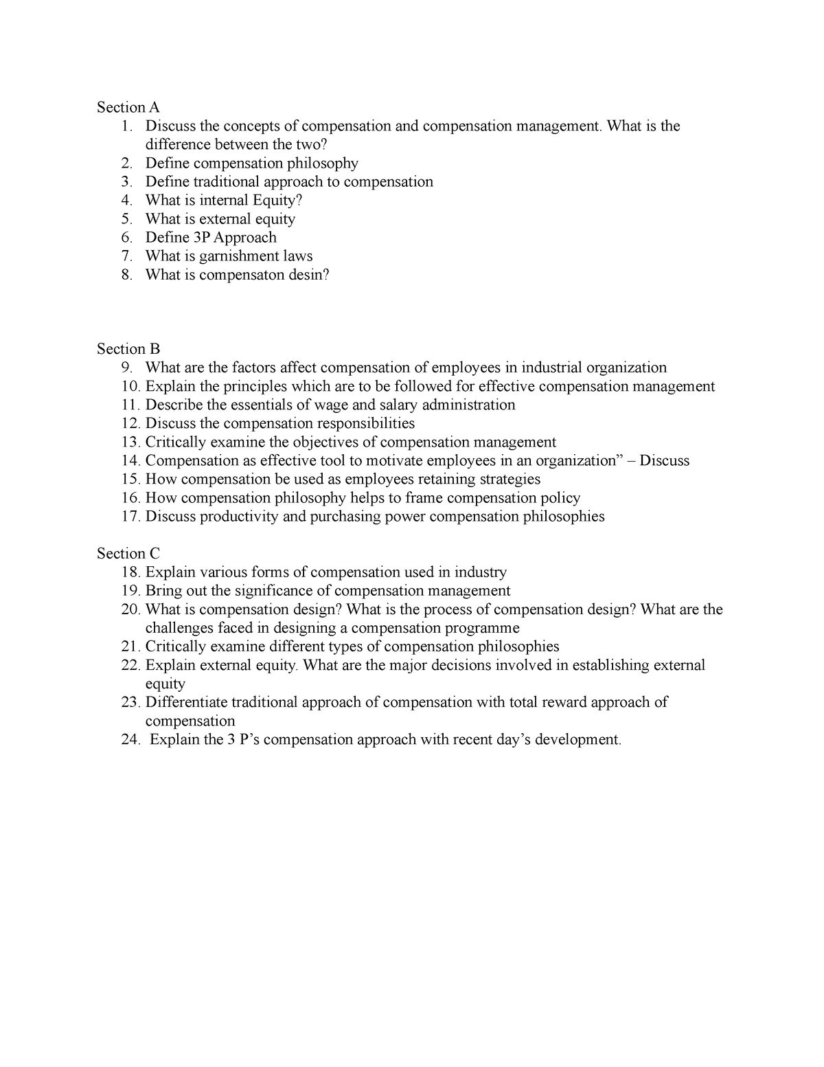 Question BANK - Section A 1. Discuss the concepts of compensation and ...