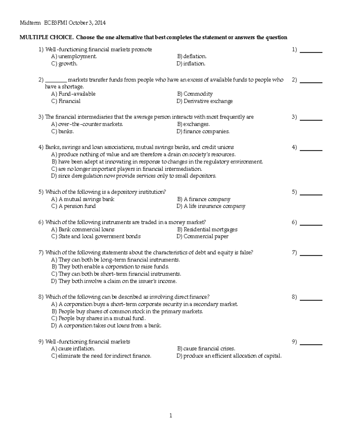 Exam October 3, 2014, Q & Financial Markets and Institutions - Midterm ...