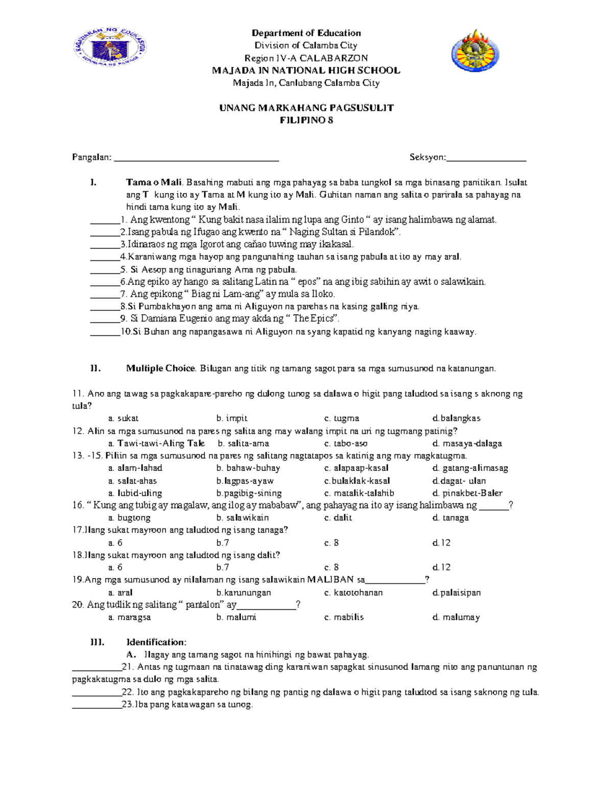 8 Filipino Exam 1 - N/A - Department Of Education Division Of Calamba ...