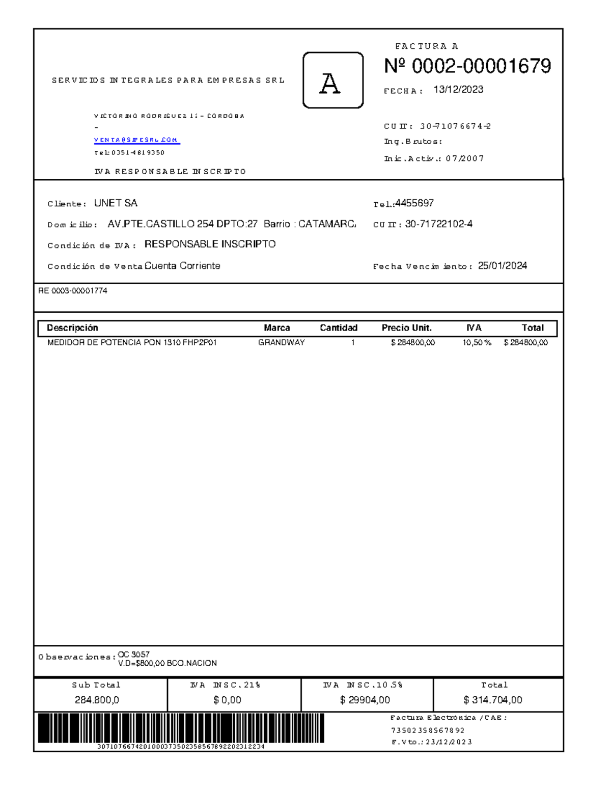 Factura A 0002-00001679 - Descripción Cantidad Precio Unit. Total IVA ...