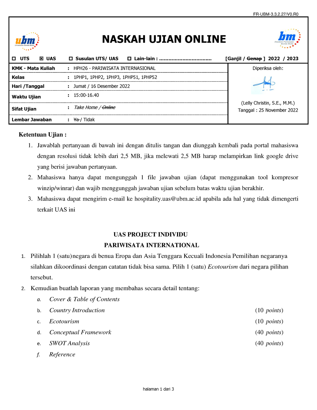 SOAL-UAS HPH26 P - Contoh Soal Uas - FR-UBM-3.3.2.27/V0 UTS UAS Susulan ...