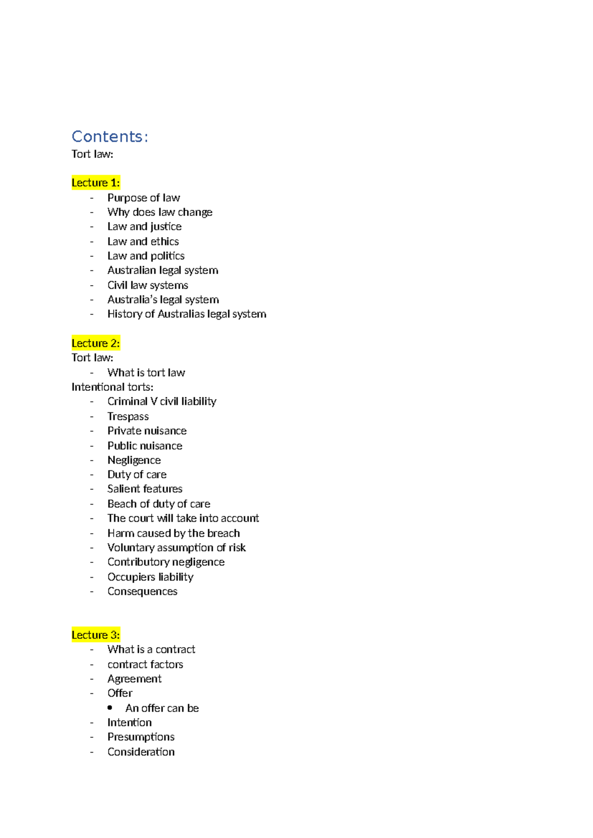Contents of business law - Contents: Tort law: Lecture 1: - Purpose of ...