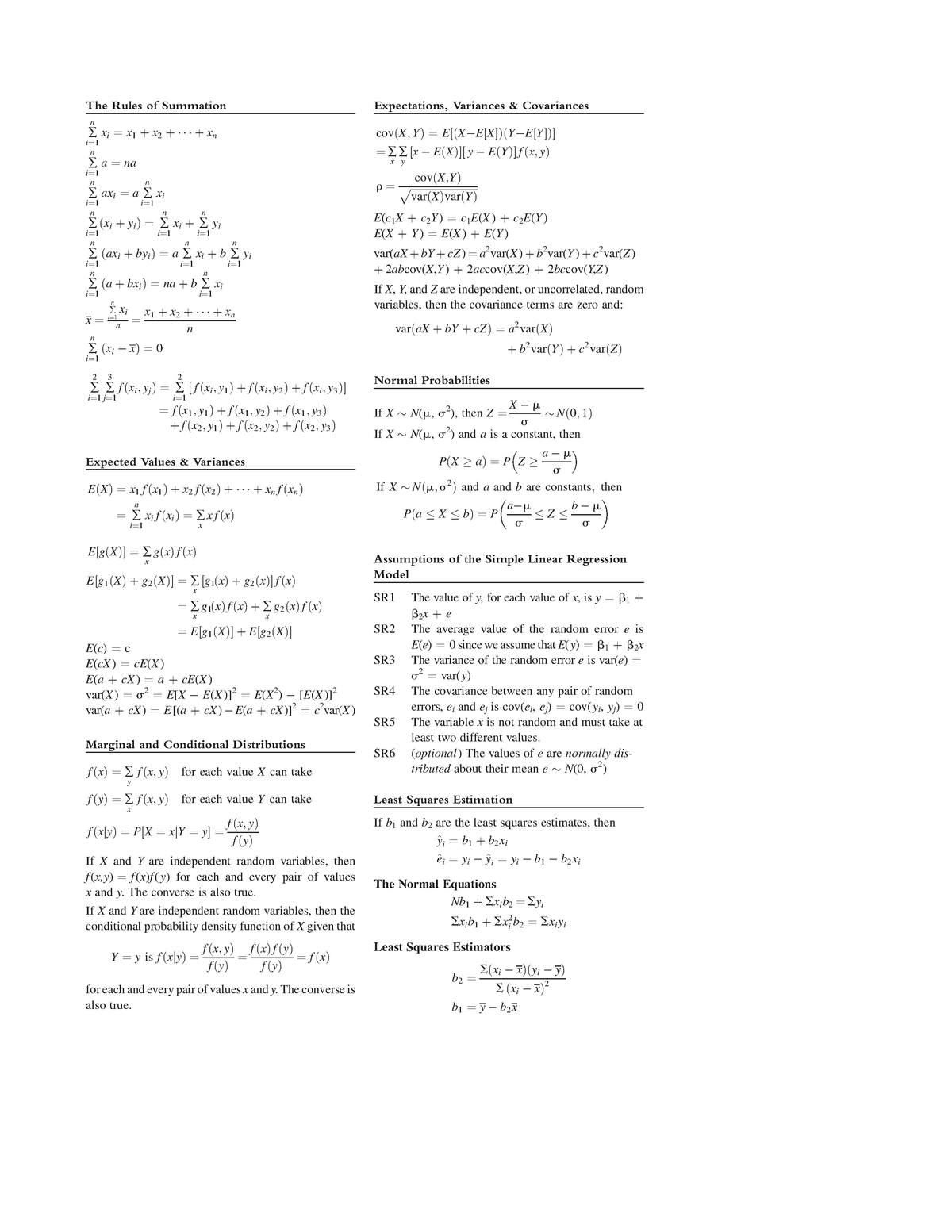 Formula Sheet Provided With Exams Econometrics Studeersnel