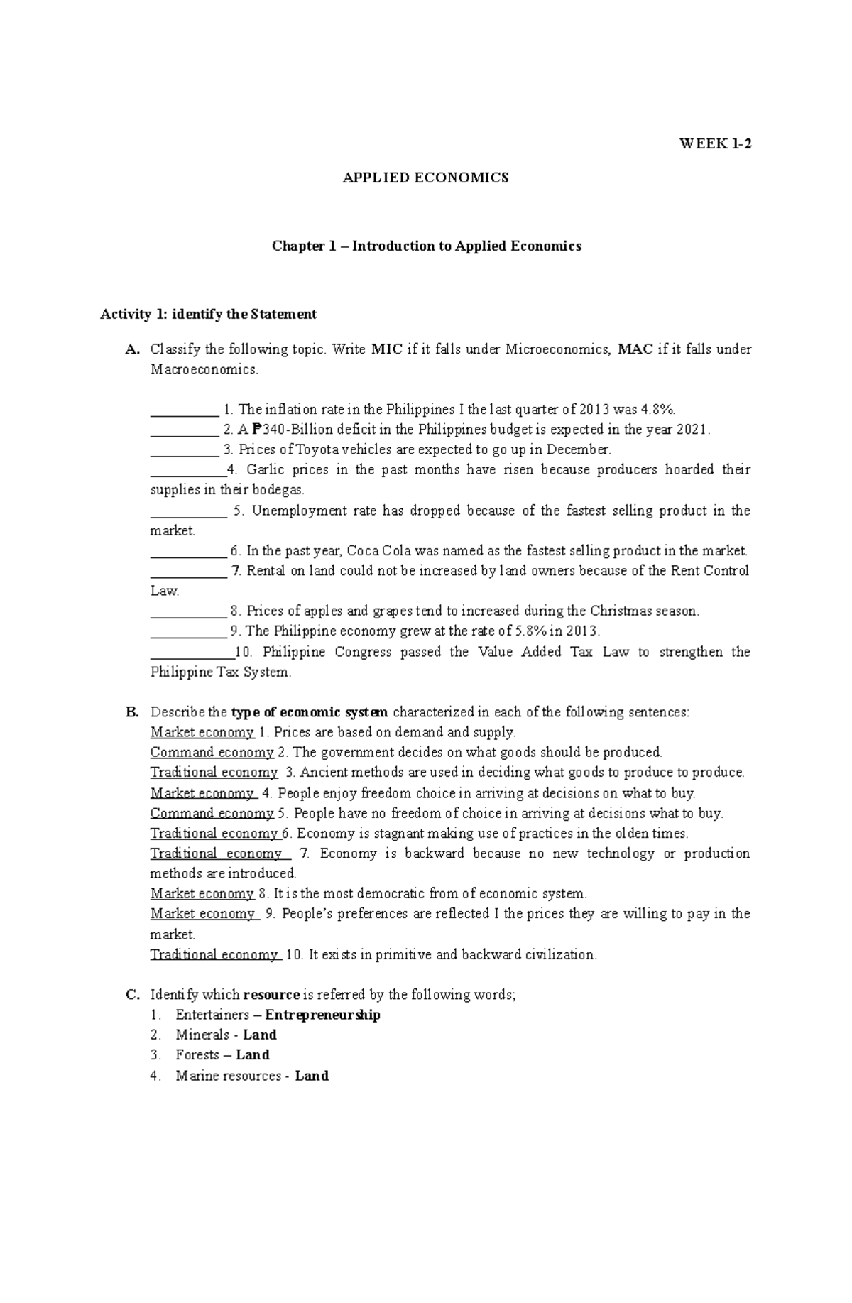 Week 1 to 2 Applied Economics - WEEK 1- APPLIED ECONOMICS Chapter 1 ...