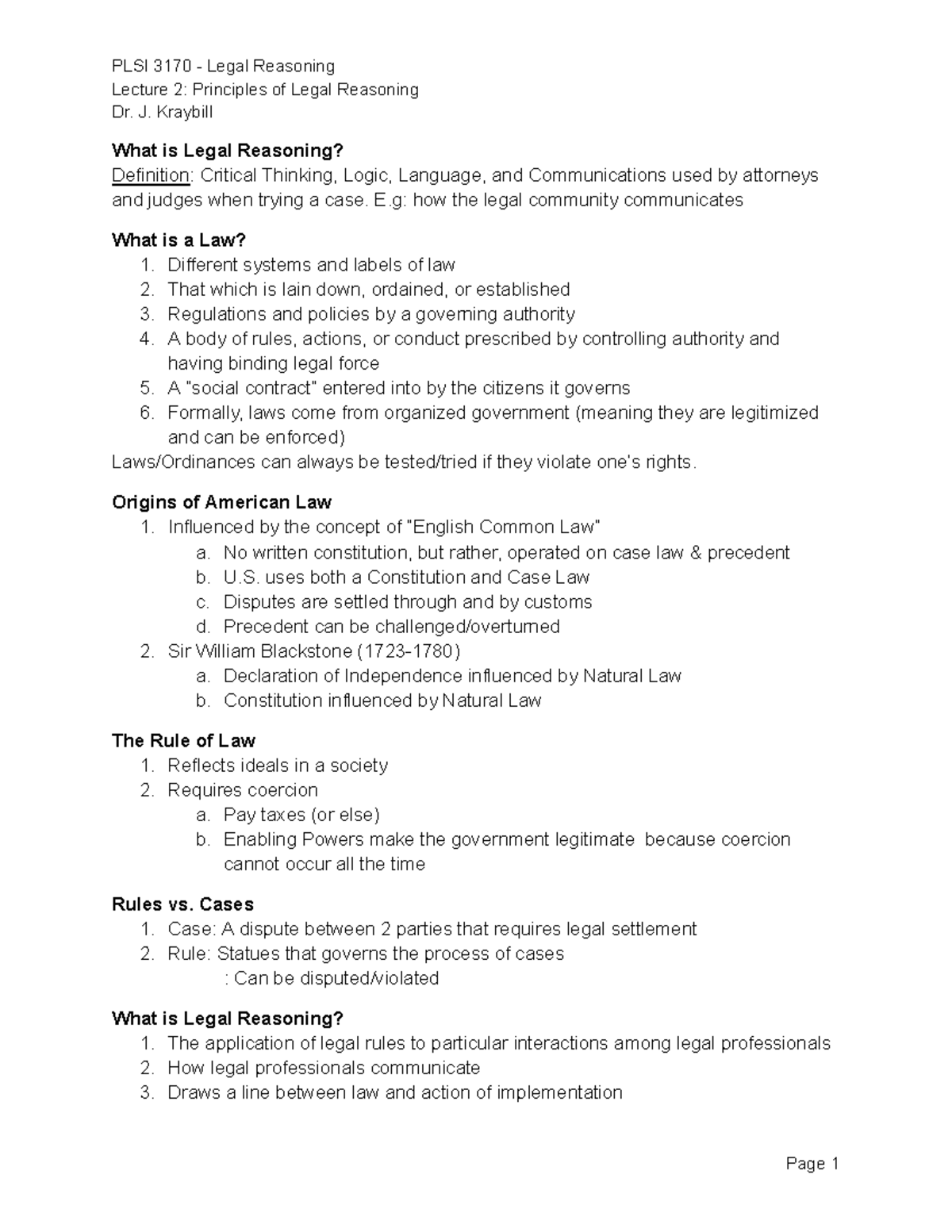 PLSI 3170 - Lecture 2 - Dr. Kraybill - PLSI 3170 - Legal Reasoning ...