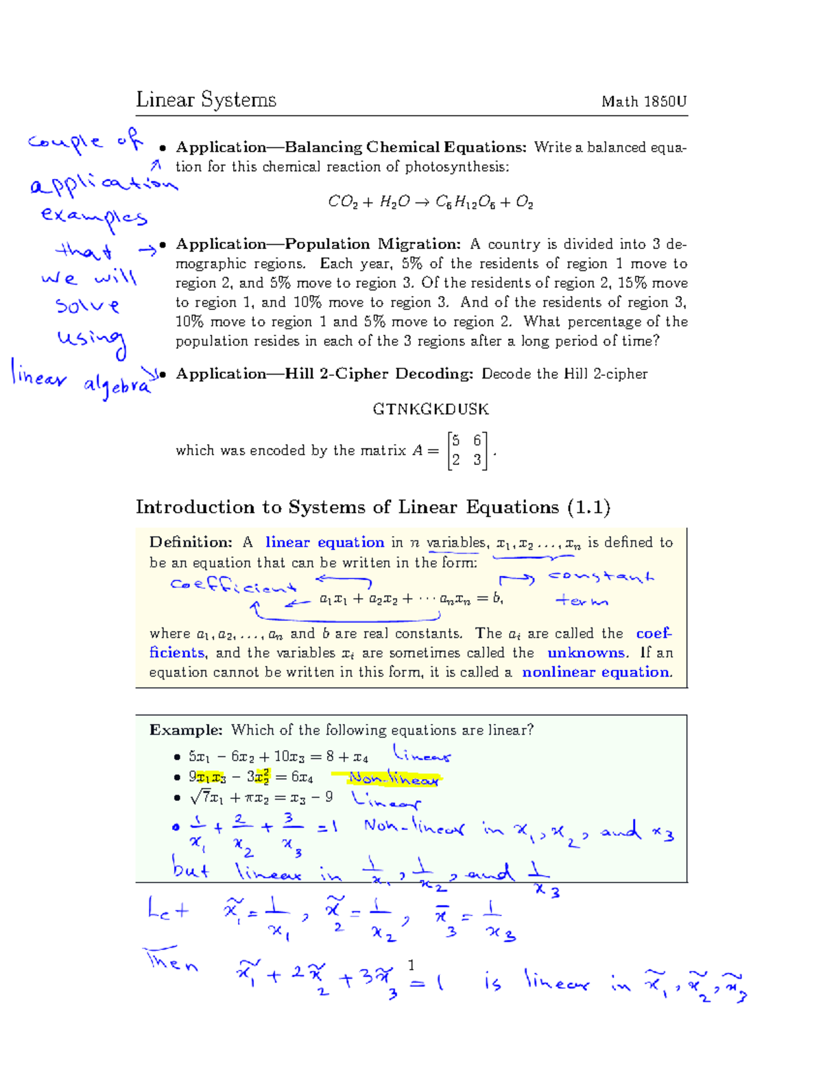 1850 Lecture 1 azar - Linear Systems Math 1850U Application—Balancing ...