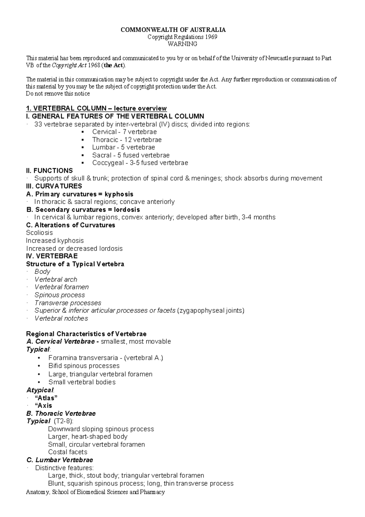 Summary - lecture 3 - Anatomy, School of Biomedical Sciences and ...