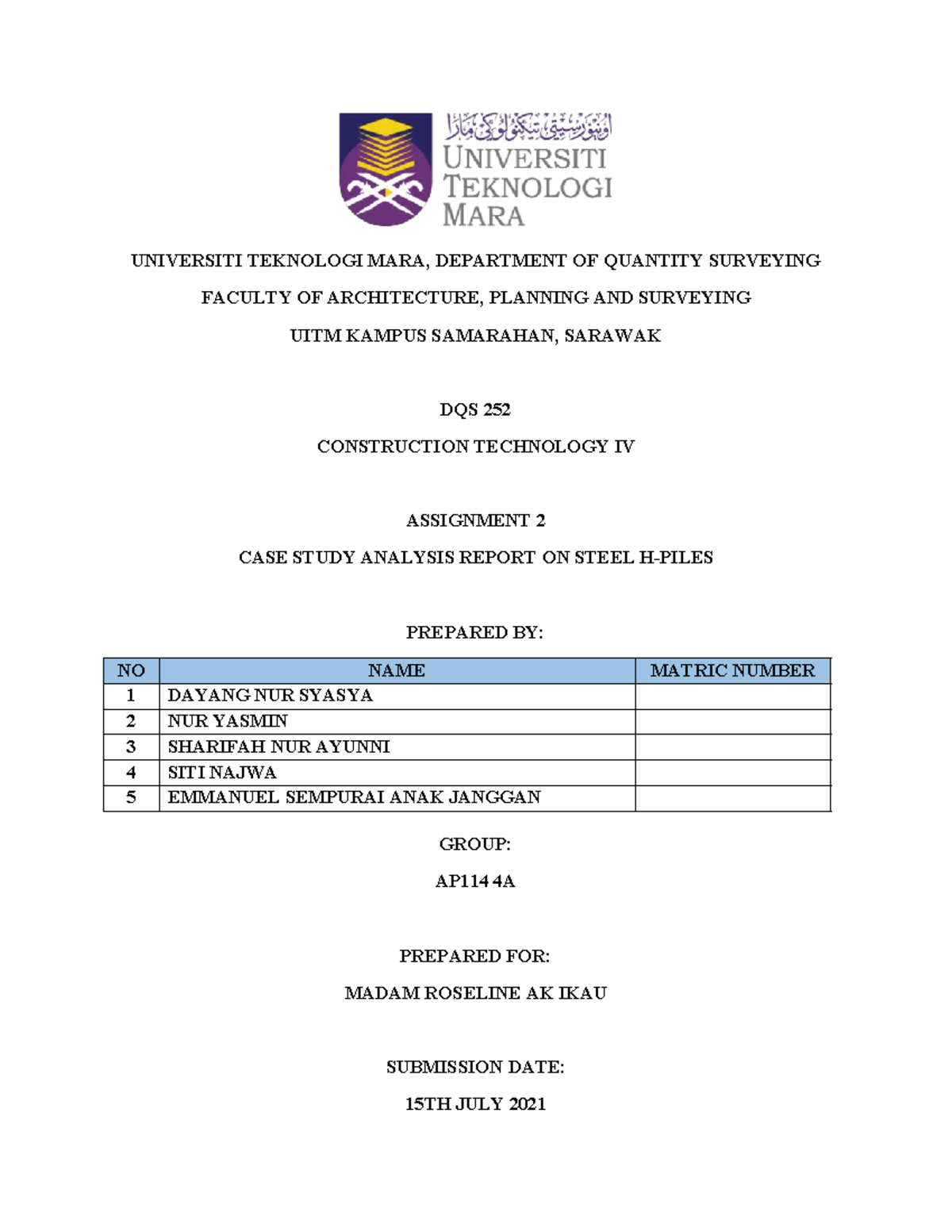 DQS352 Assignment 2 Steel H Piles - UNIVERSITI TEKNOLOGI MARA ...