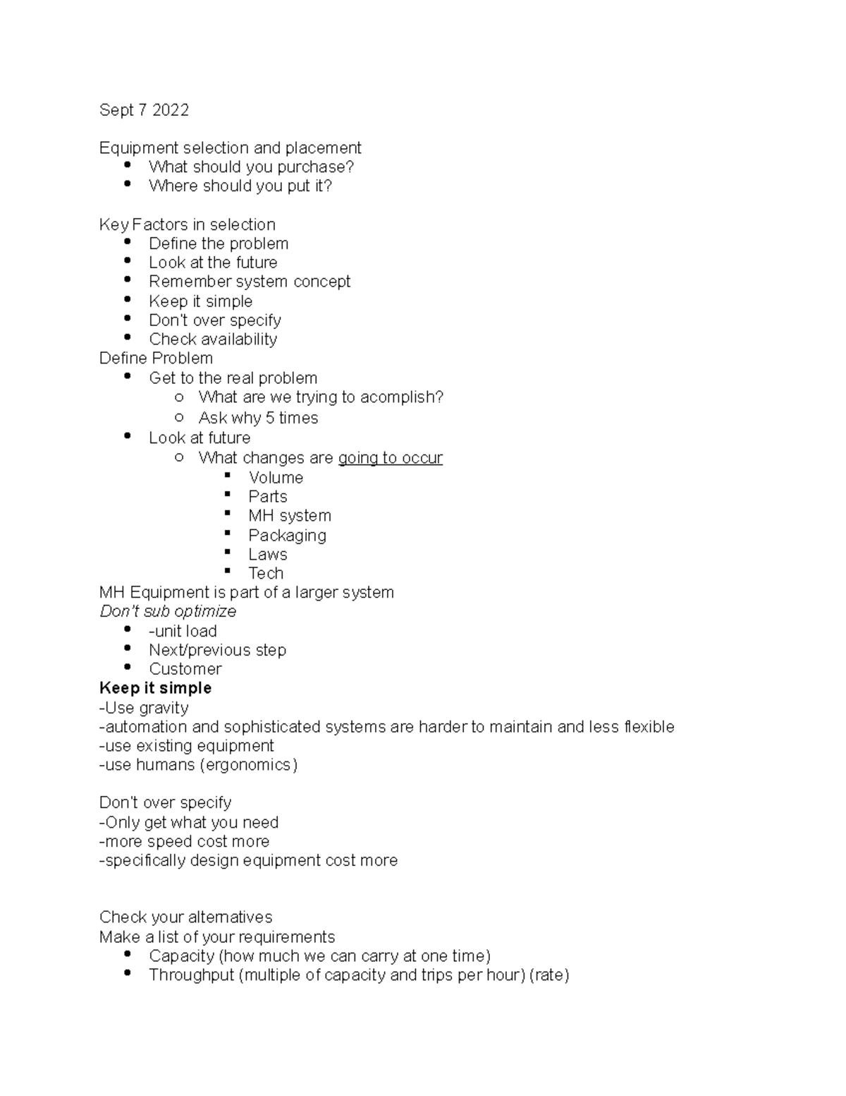 Material Handling notes 9 Sept 7 2022 Equipment selection and