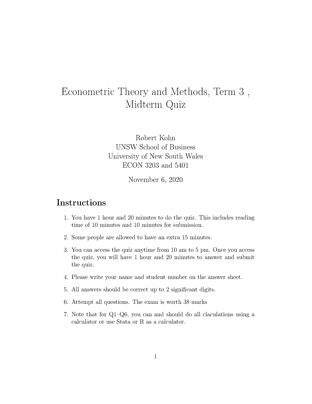 Exam 1 January 2020, answers - Econometric Theory and Methods