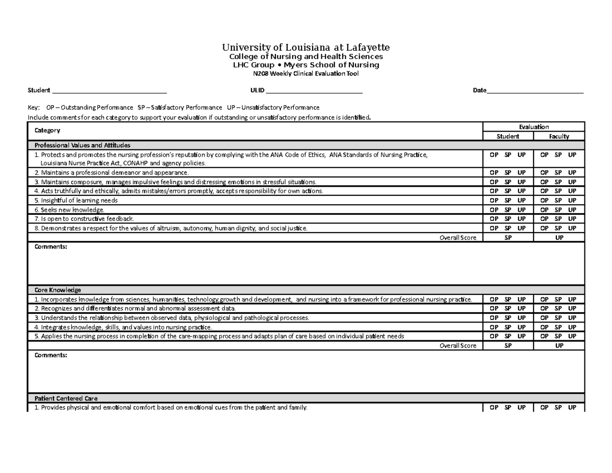 N208 Weekly Evaluation Tool FA 2017 ULID Revised - University of ...