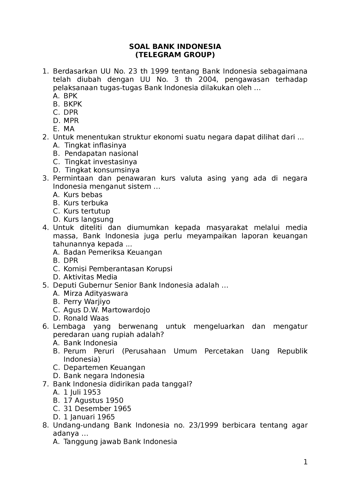 Contoh Soal BI - SOAL BANK INDONESIA (TELEGRAM GROUP) Berdasarkan UU No ...