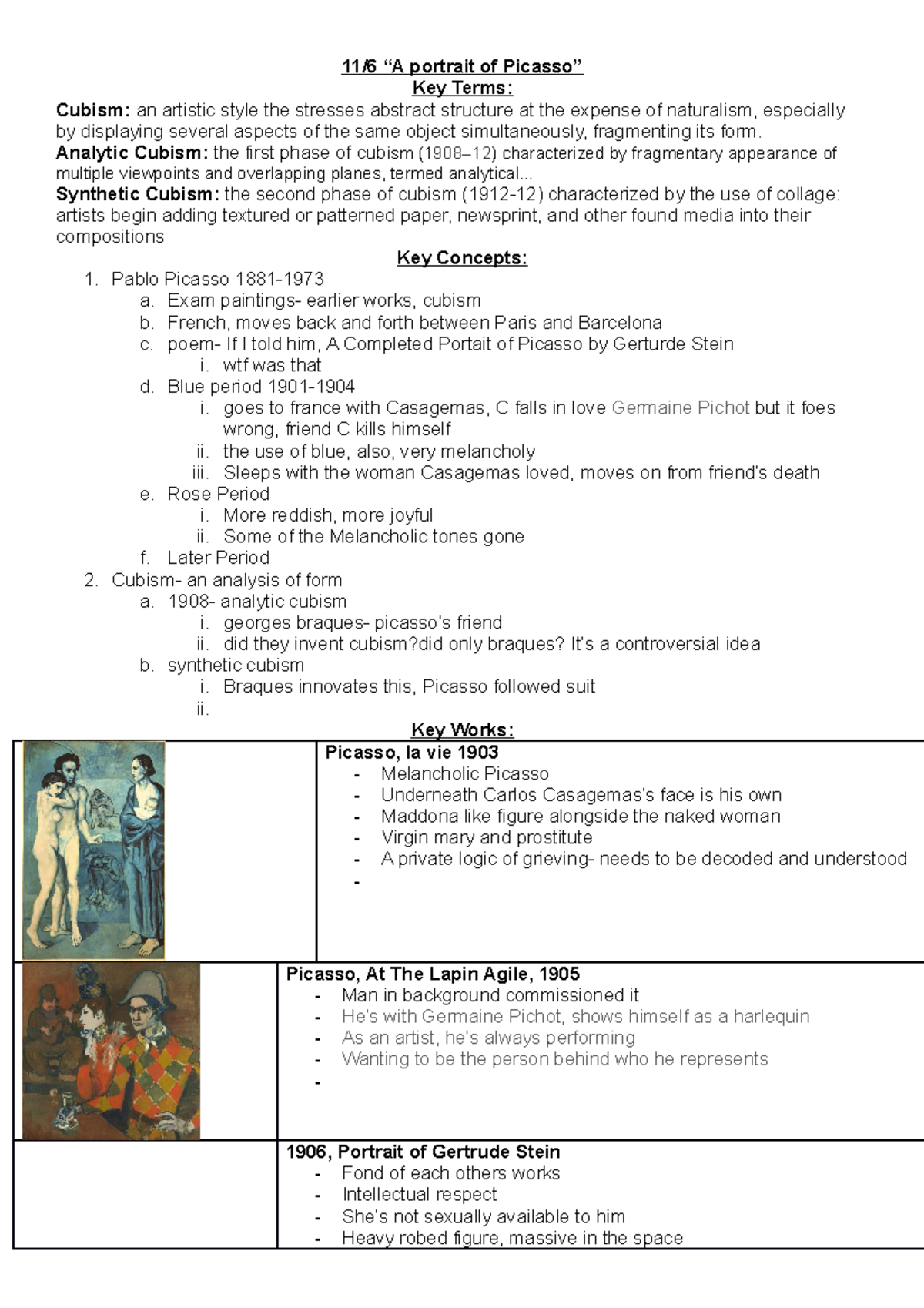 Lecture notes 11/6 - 11/6 “A portrait of Picasso” Key Terms: Cubism: an ...
