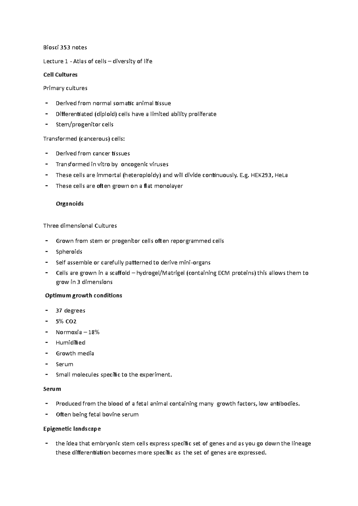 Biosci 353 notes - none - Biosci 353 notes Lecture 1 - Atlas of cells ...