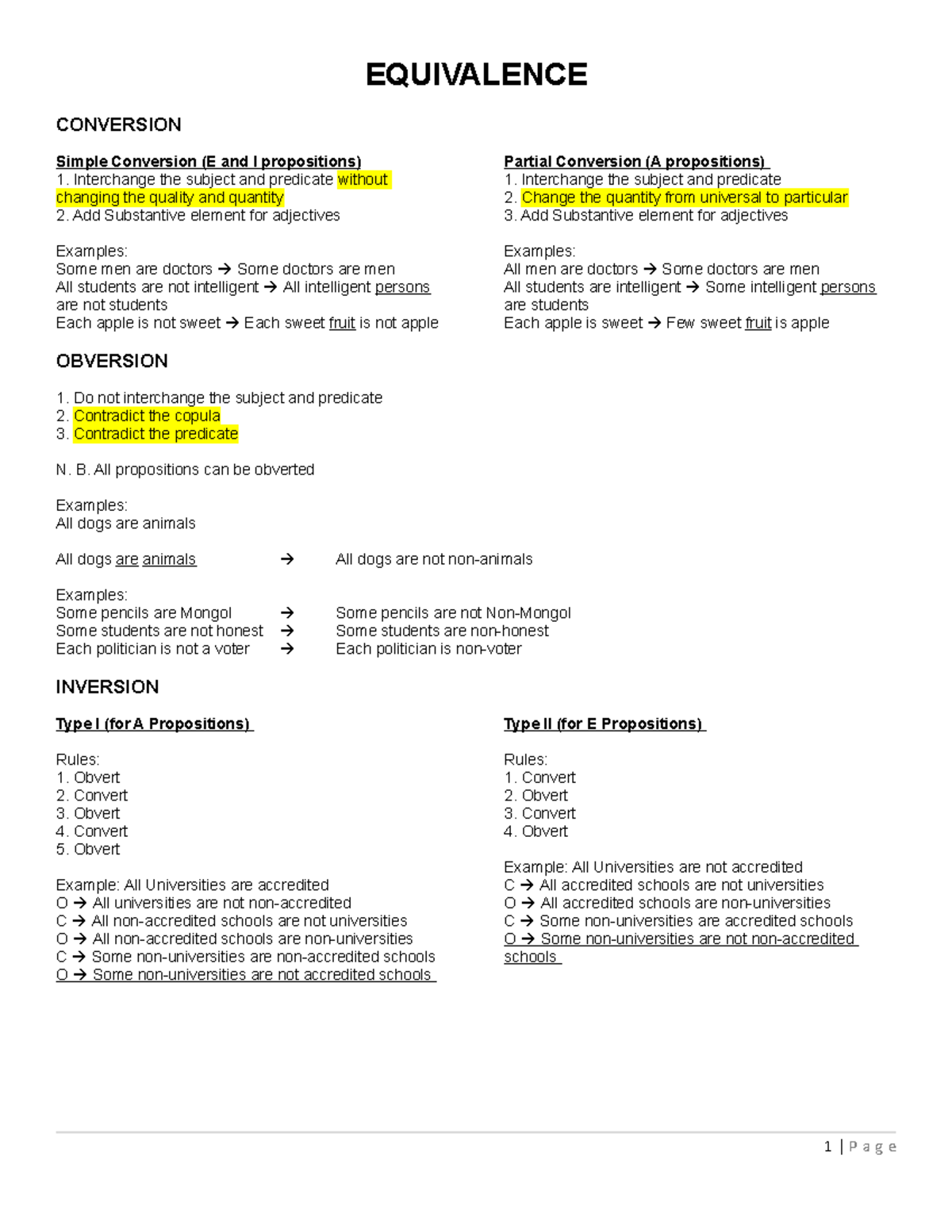 Logic Equivalence EQUIVALENCE CONVERSION Simple Conversion (E and I