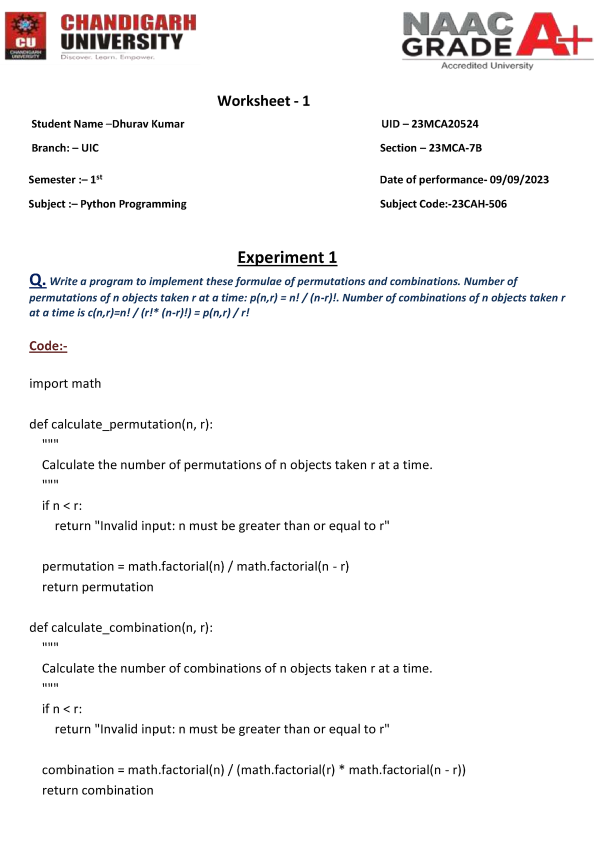 Python Worksheet 1 - Worksheet - 1 Student Name – Dhurav Kumar UID ...