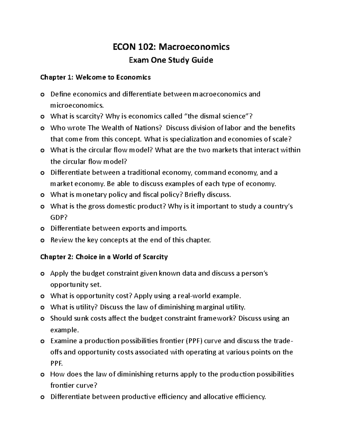 ECON 102 Exam One Study Guide - ECON 102: Macroeconomics Exam One Study ...