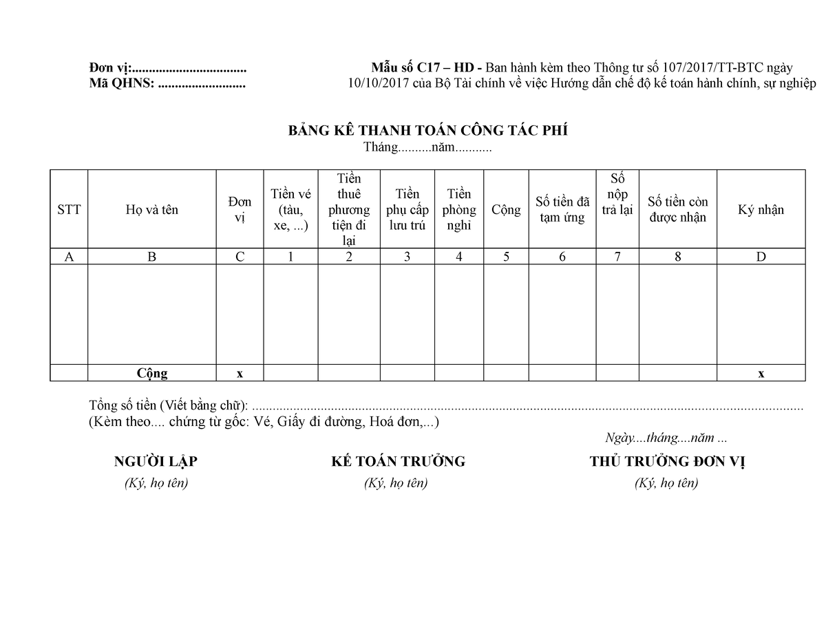 Mẫu Số C17 – Hd Bang Ke Thanh Toan Công Tac Phi - Đơn  Vị:.................................. Mã Qhns: - Studocu