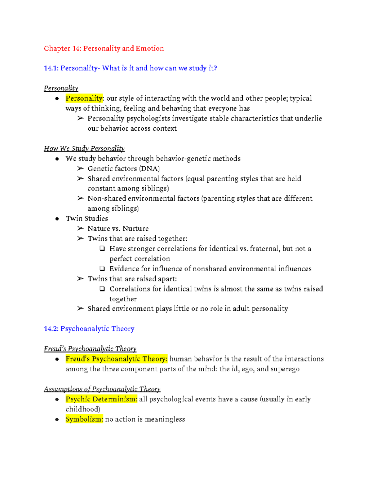 PSYC 100 Chapter 14 Personality And Emotion - Chapter 14: Personality ...