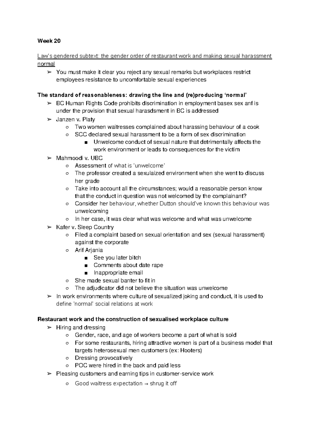 Week 20 - week 20 notes - Week 20 Law’s gendered subtext: the gender ...