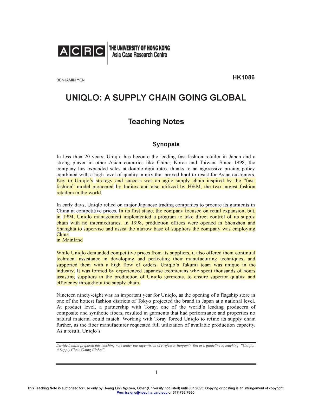 Uniqlo - Global supply chain-teaching note - 1 This Teaching Note is ...