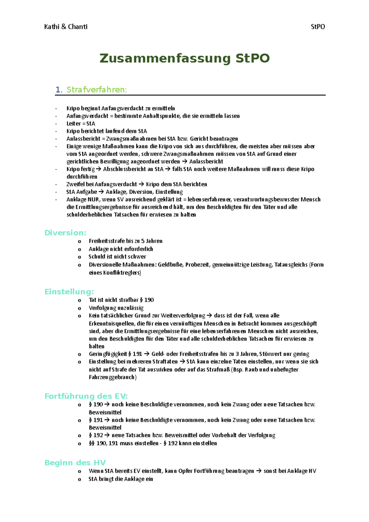 Zusammenfassung des Strafprozessrechts - Zusammenfassung StPO 1 ...