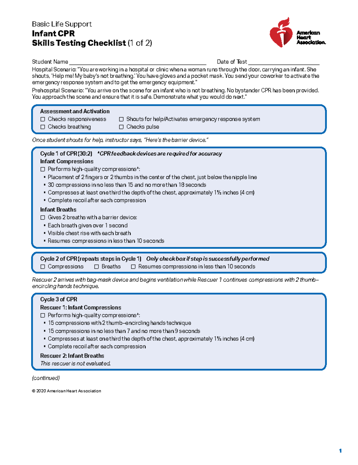 2020 Bls Infant Skills Testing Checklist 1 Basic Life Support Infant Cpr Skills Testing 7537