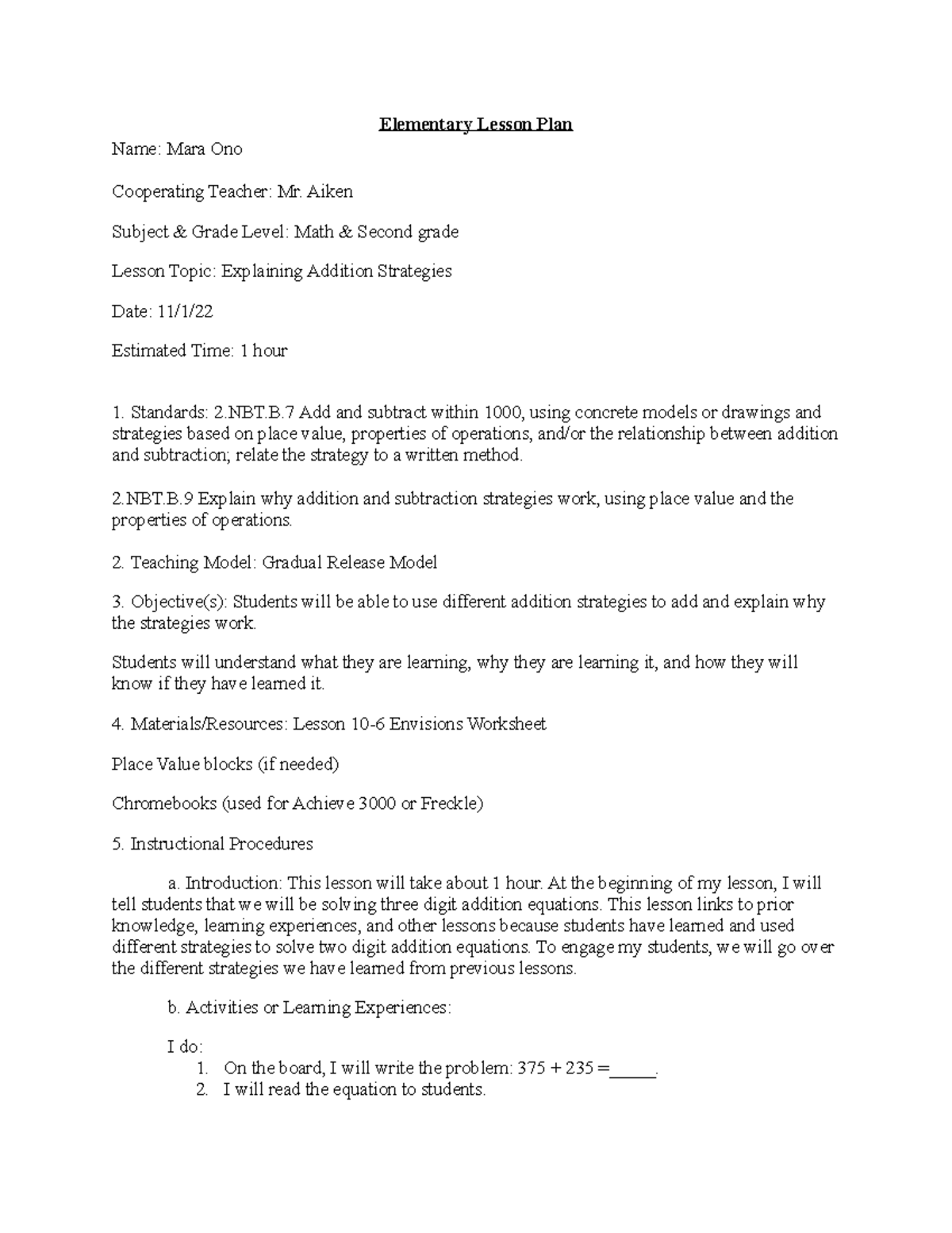 Lesson Plan 4 Math Elementary Lesson Plan Name Mara Ono Cooperating Teacher Mr. Aiken