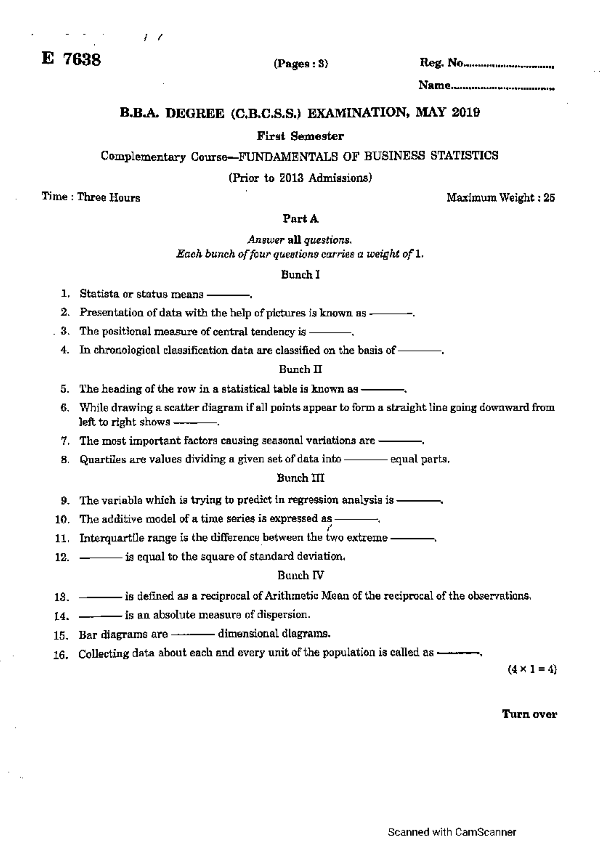 Bba 1 Sem Fundamentals Of Business Statistics E 7638 May 2019 Bachelor Of Business 0697