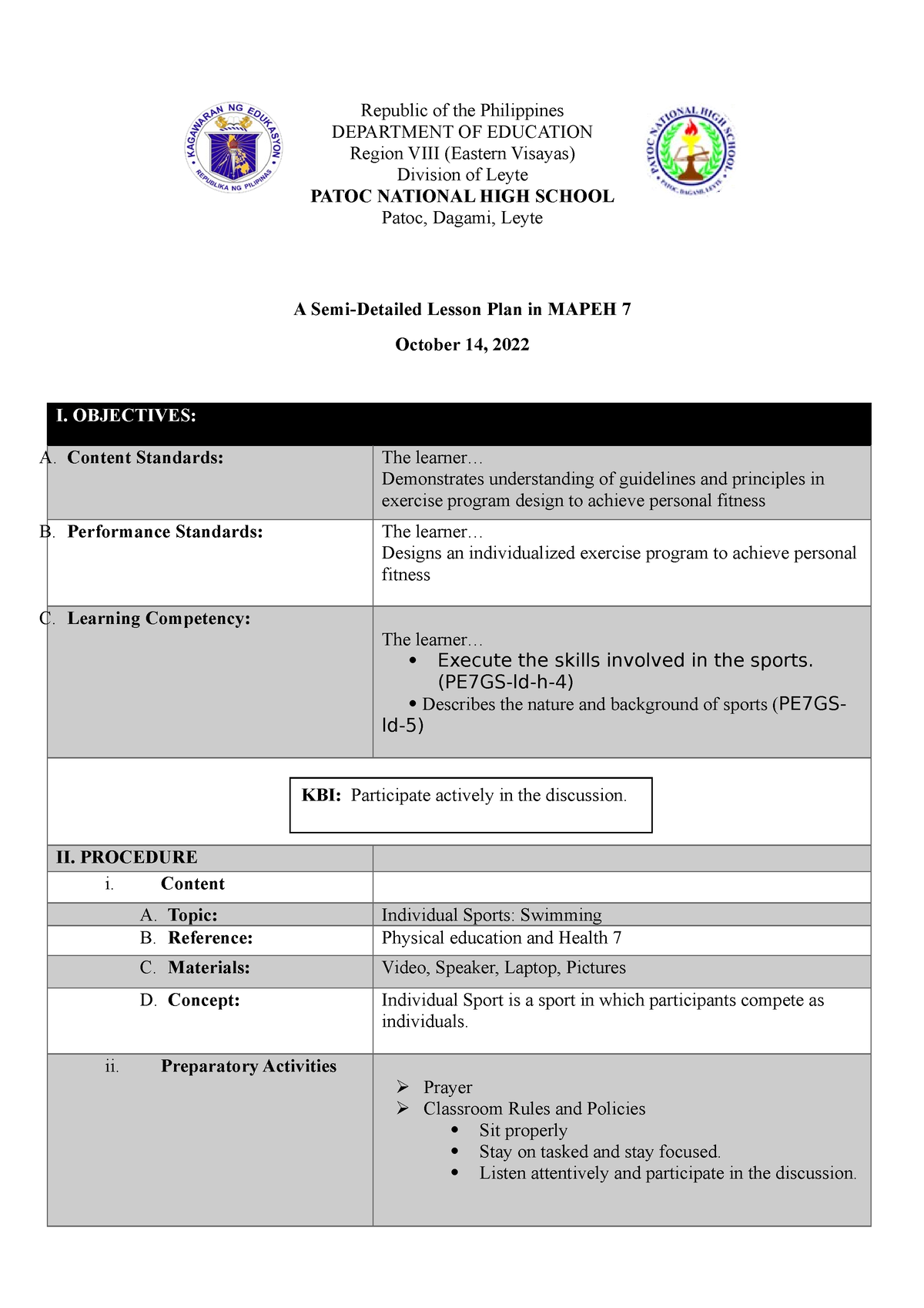 G7 Q1 PE Lesson Plan - Republic Of The Philippines DEPARTMENT OF ...