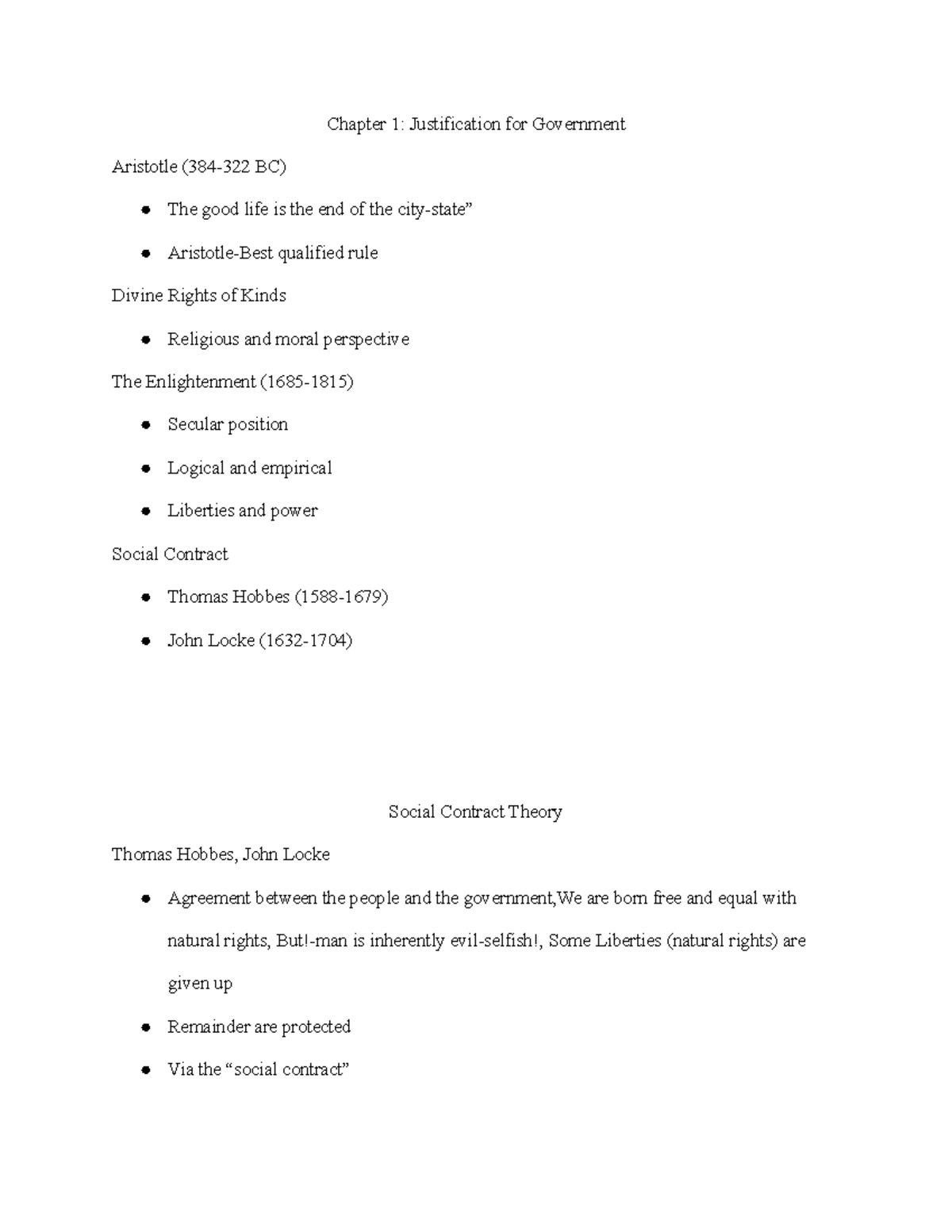 Chapter 1 Notes - Chapter 1: Justification for Government Aristotle ...