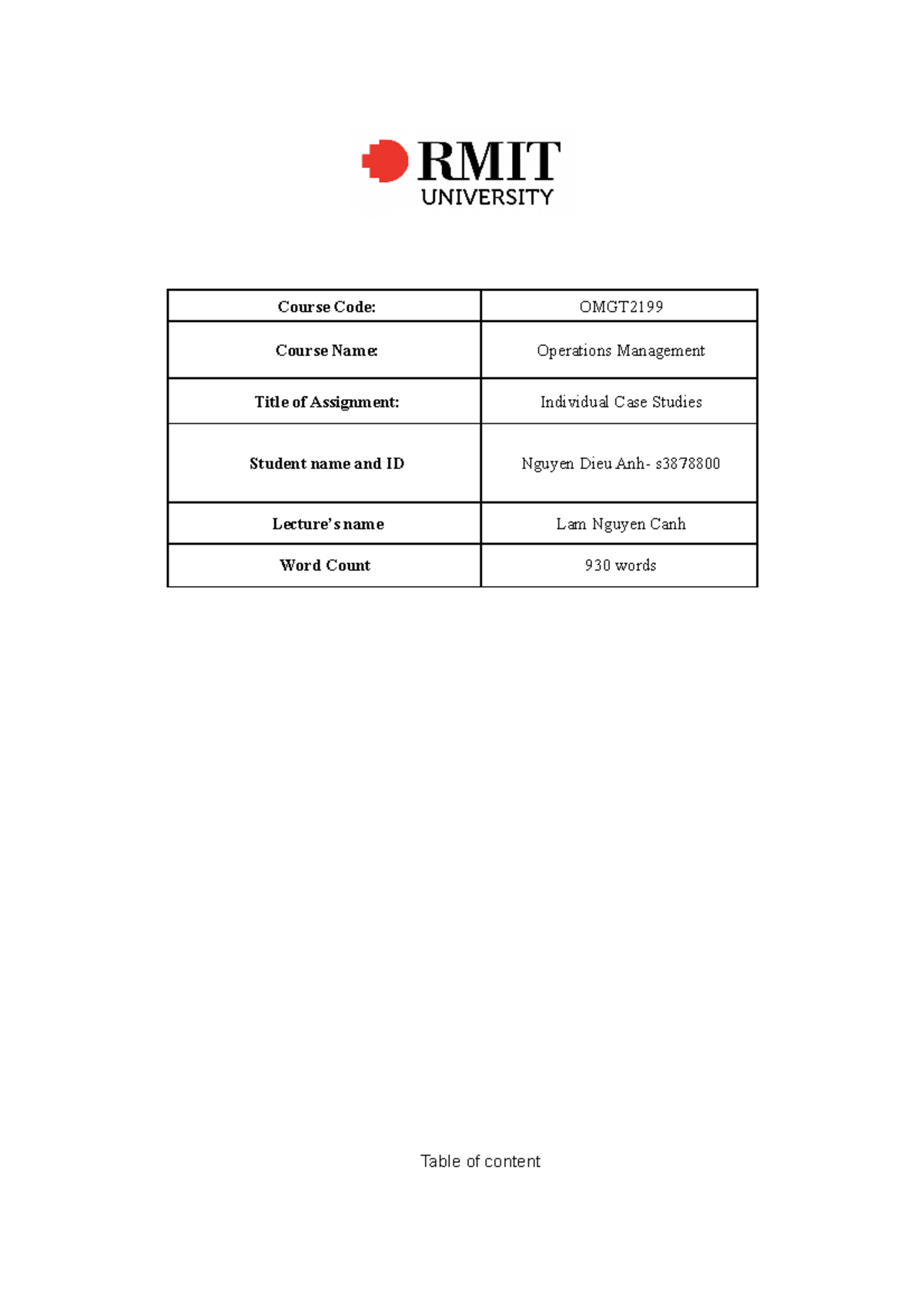 Operations Management Assignment 1 Course Code Omgt Course Name Operations Management 6785