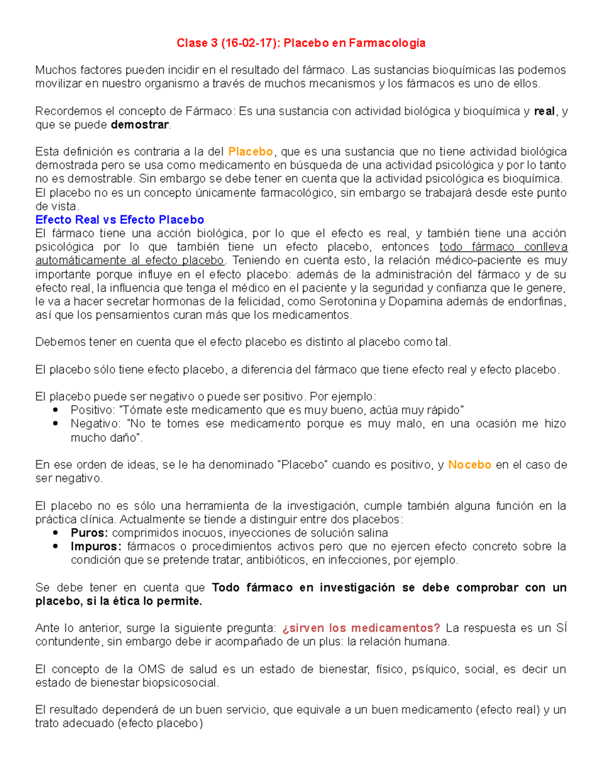 3. efecto placebo Apuntes 3 Clase 3 Placebo en Muchos factores