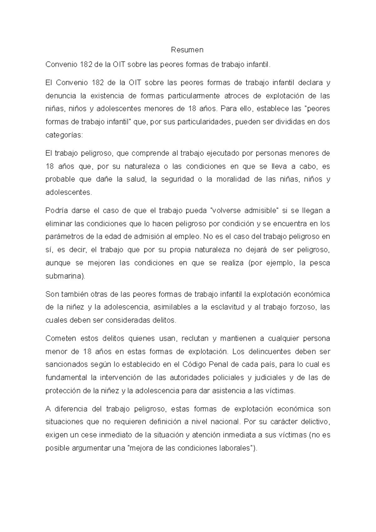 Resumen - importante - Resumen Convenio 182 de la OIT sobre las peores ...