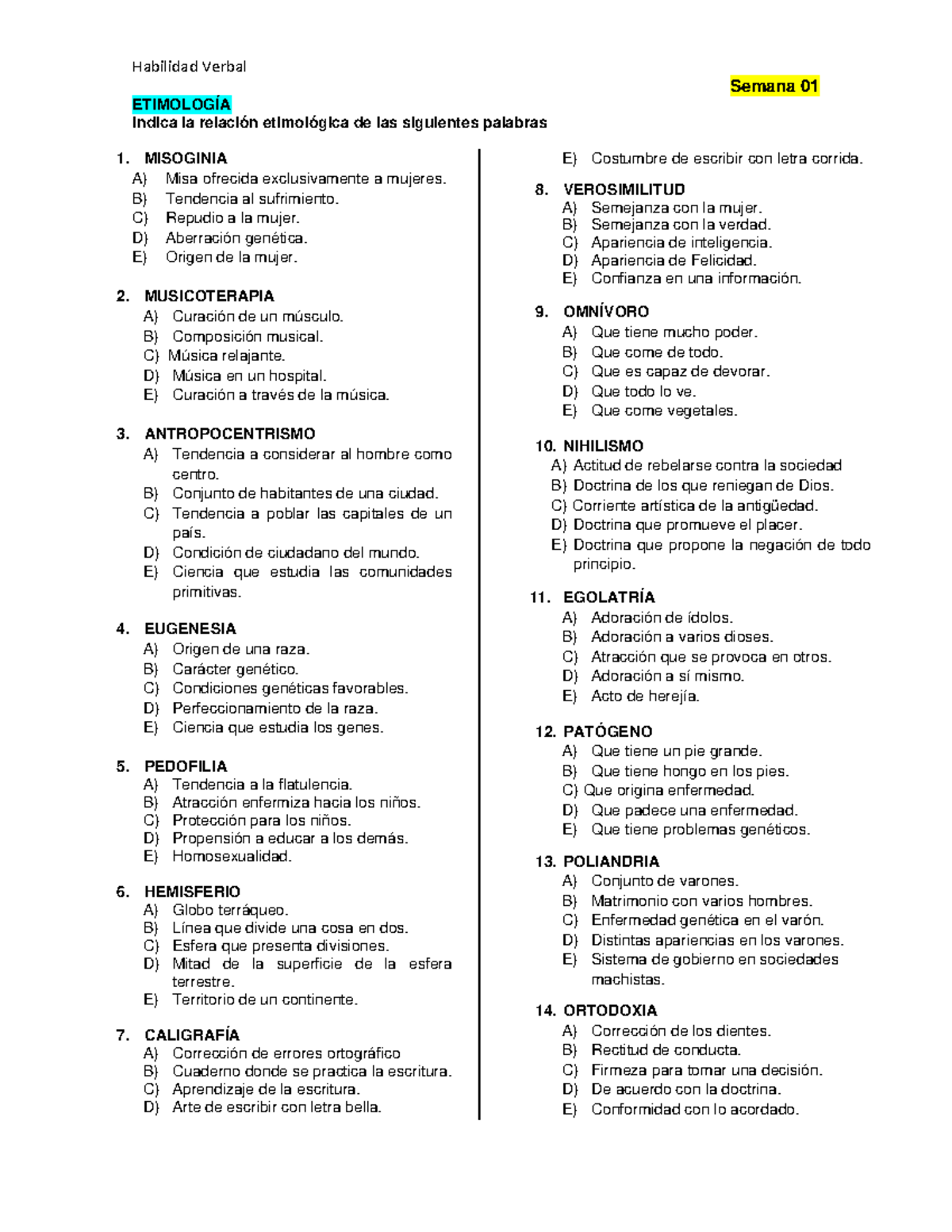 Reforzamiento 1 Habilidad Verbal Semana 01 EtimologÍa Indica La