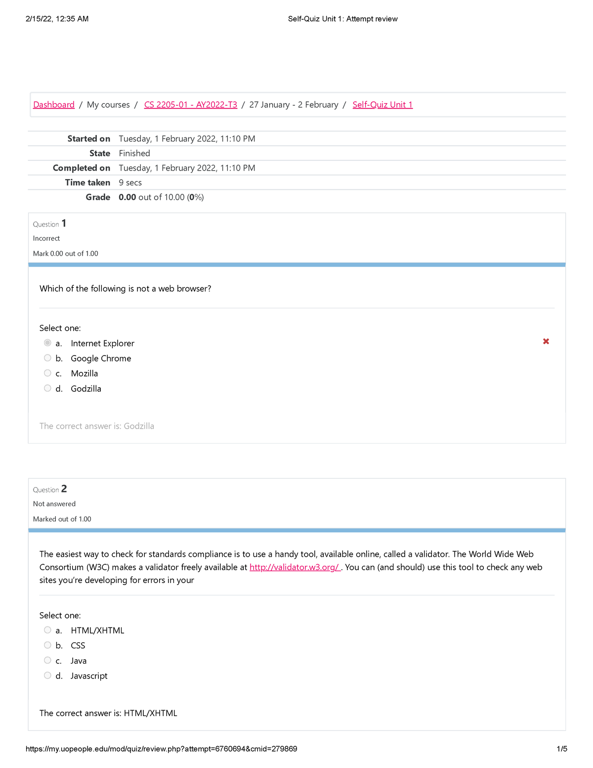 Self-Quiz Unit 1 Attempt Review 2 - Started On Tuesday, 1 February 2022 ...