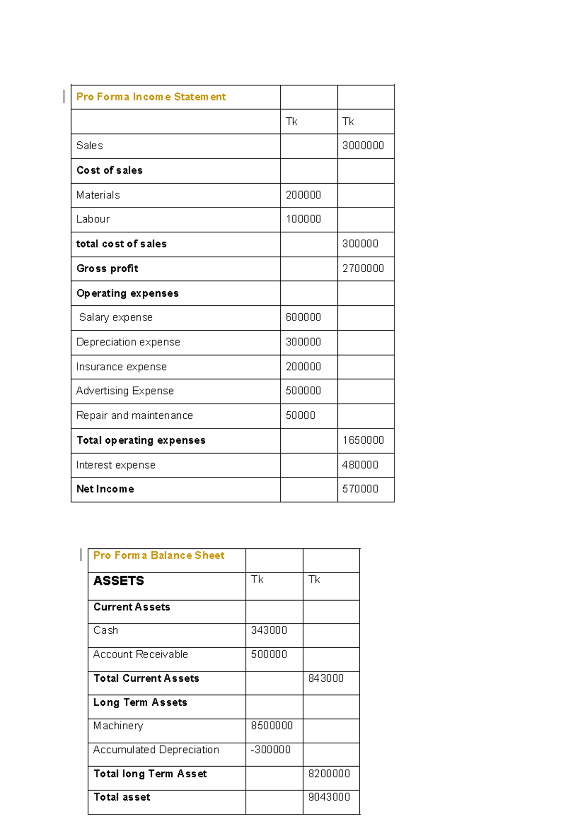 Pro Forma Financial Statements - Pro Forma Income Statement Tk Tk Sales ...