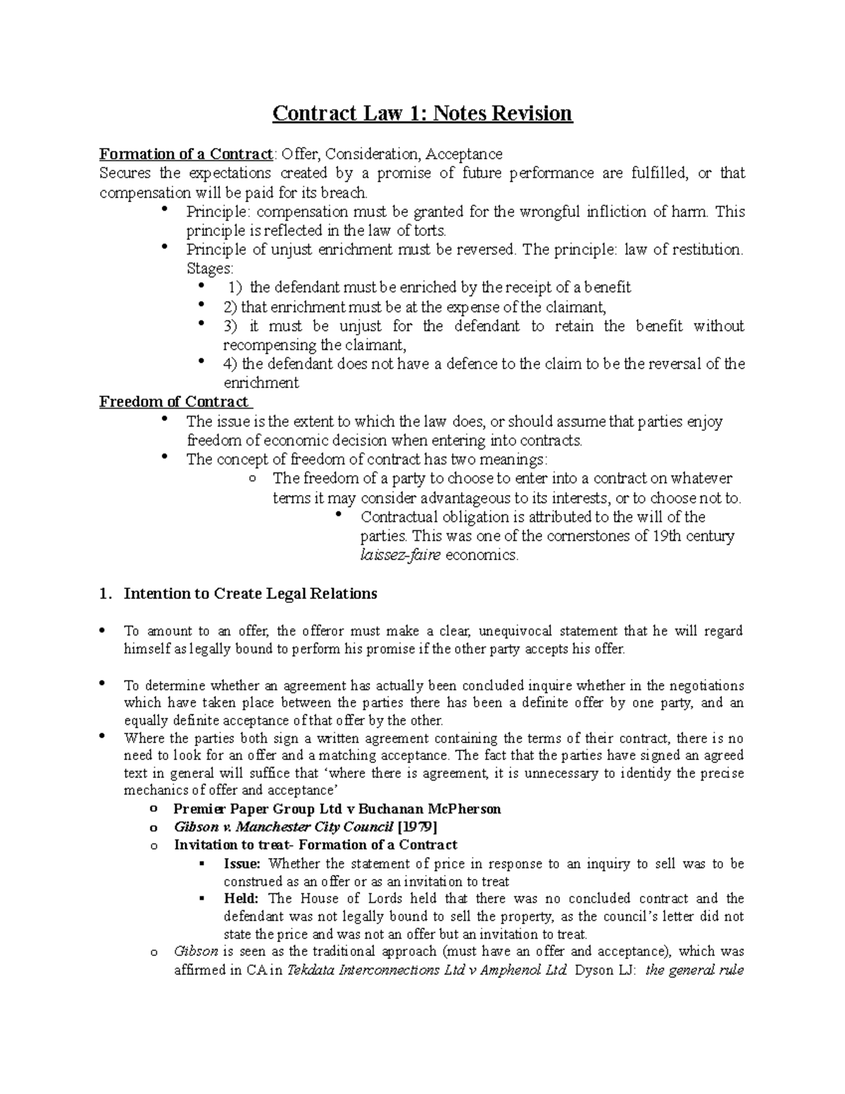 Contract Law 1 - Lecture Notes - Contract Law 1: Notes Revision ...