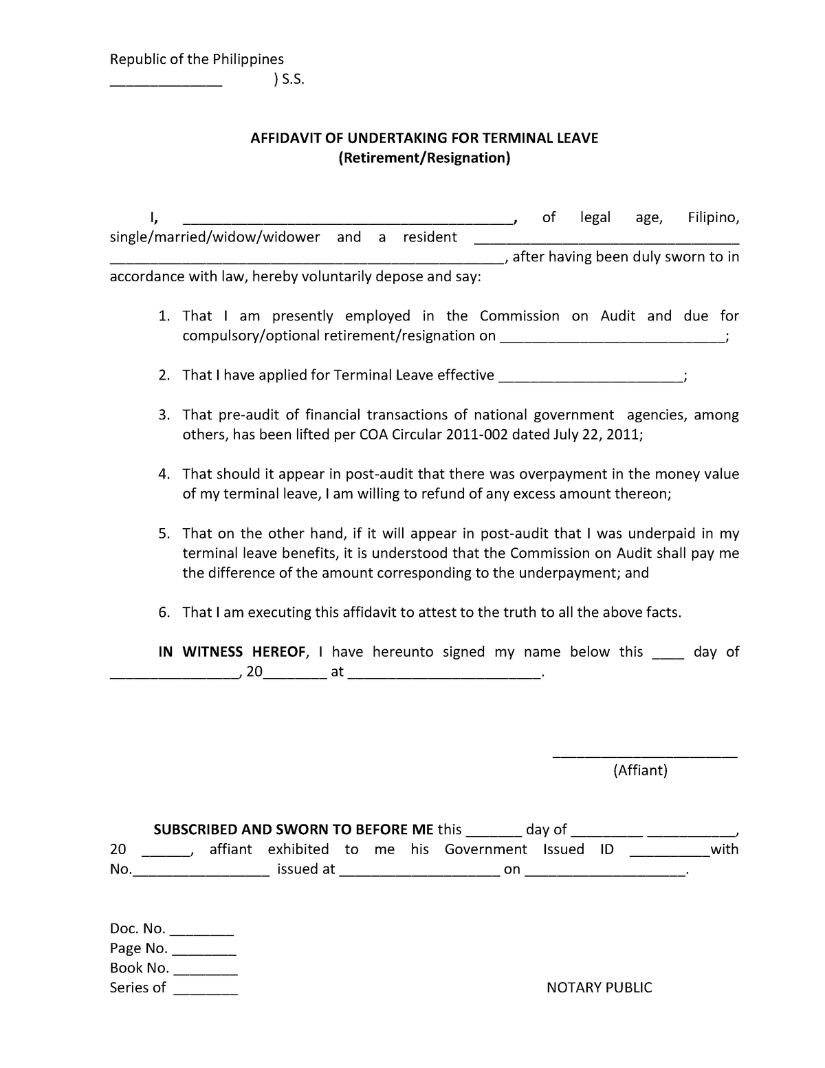 Affidavit of Undertaking for Terminal Leave Retirement Resignation ...