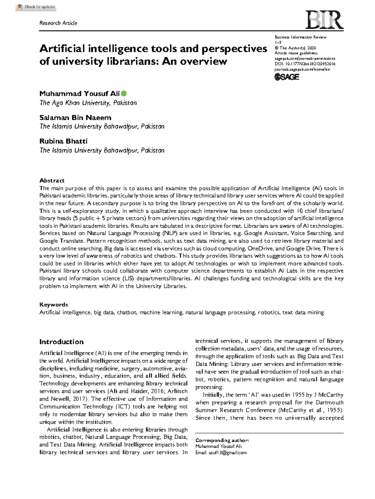1 Artificial intelligence tools and perspectives - Research Article ...