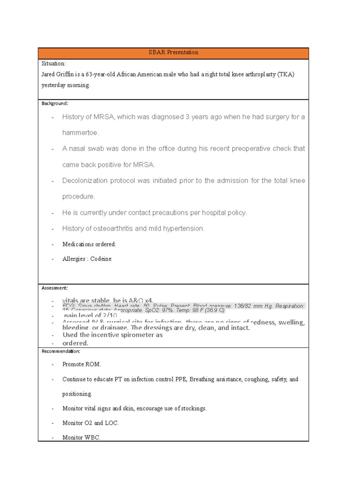 Time Plan SBAR JG VSIM - VSIM labs that require an SBAR & Time plan ...