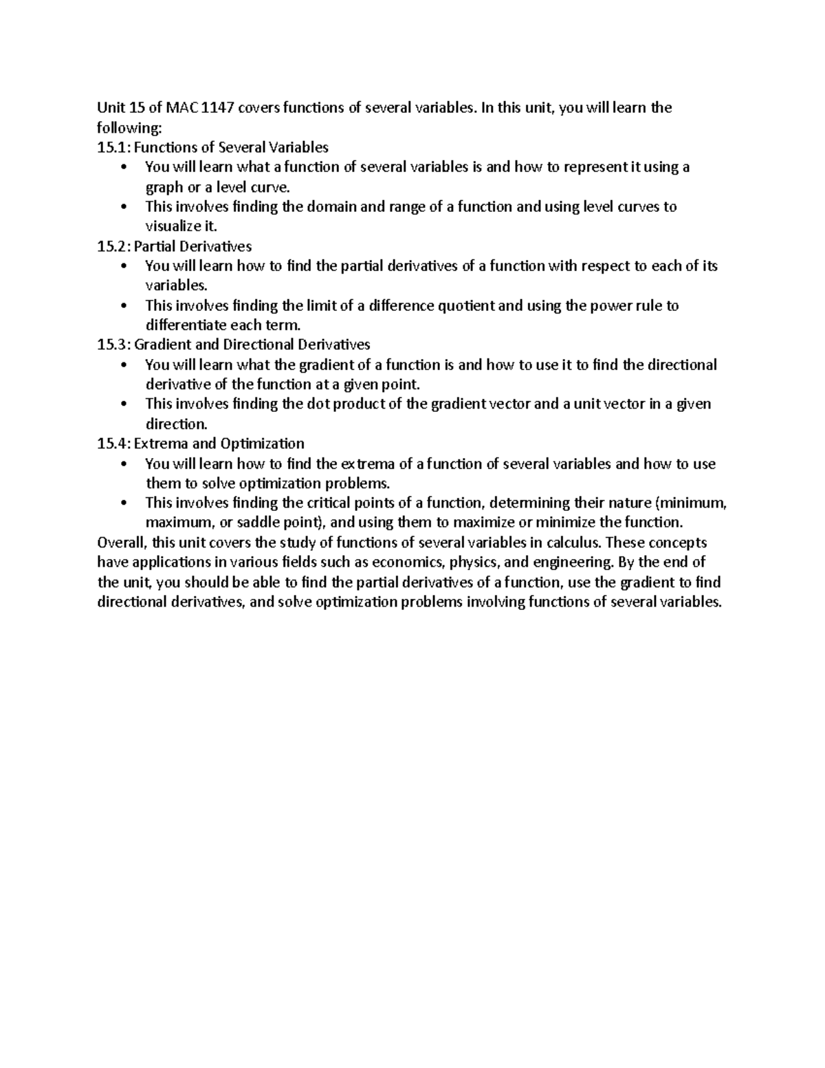 Unit 15 of MAC 1147 - Unit 15 Notes - Unit 15 of MAC 1147 covers ...