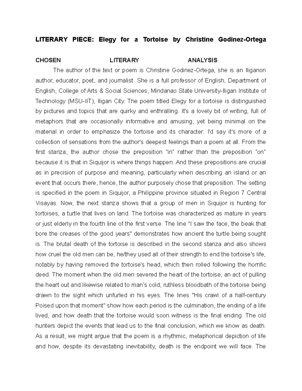 Literary Piece Elegy for a Tortoise by Christine Godinez-Ortega ...
