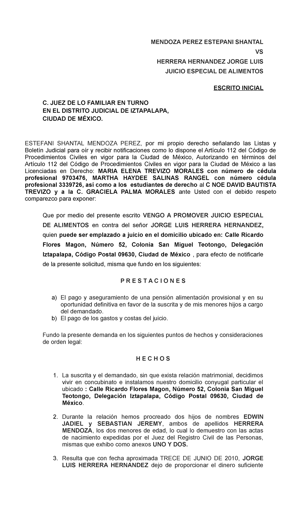 Juicio Especial DE Alimentos - MENDOZA PEREZ ESTEPANI SHANTAL VS