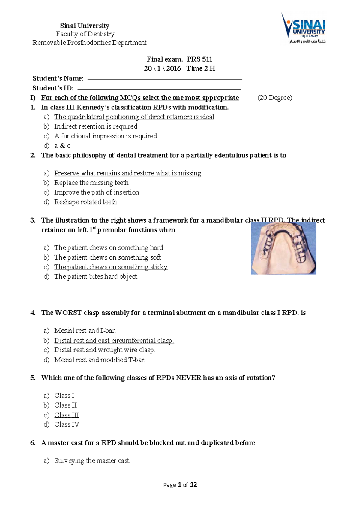 Final exam c3 Fall 2015 2 Faculty of Dentistry Removable